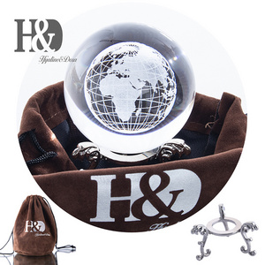 H&D World Globe Crystal Ball Glass Sphere Display Paperweight Healing Meditation Ball with Metal Stand for Creative Gift Pouch