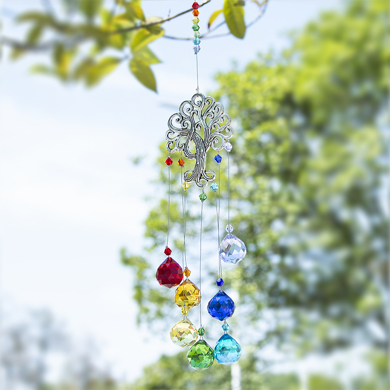 H&D Crystal Suncatcher Chakra Colors Balls Prism Tree of Life Window Hanging Pendant Rainbow Sun Catcher Christmas Home Decor