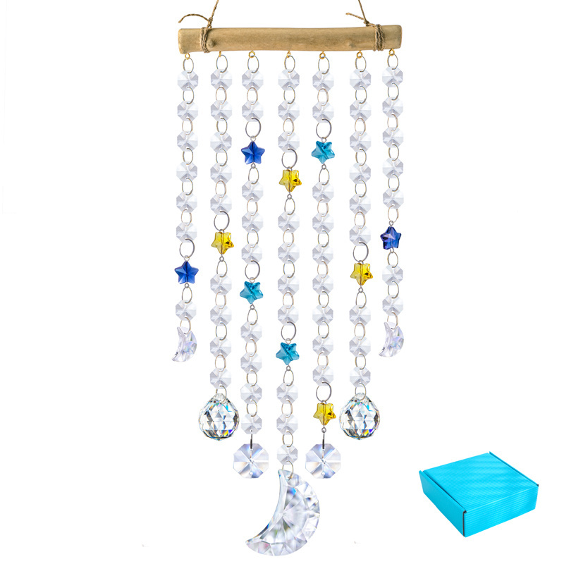 H&D Crystal Chandelier Wind Chimes Glass Rainbow Suncatcher Star & Moon Art Wall Hanging Ornament For Window Garden Patio Decor