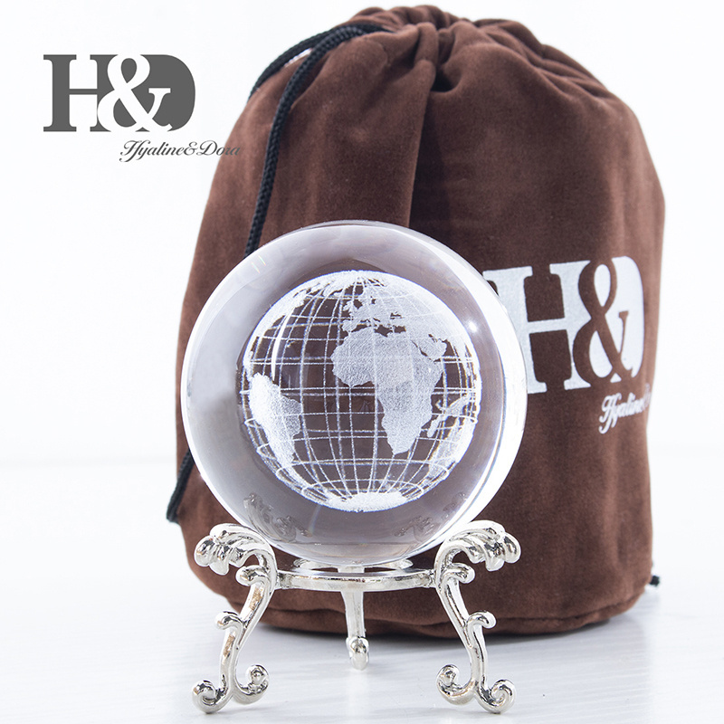 H&D World Globe Crystal Ball Glass Sphere Display Paperweight Healing Meditation Ball with Metal Stand for Creative Gift Pouch