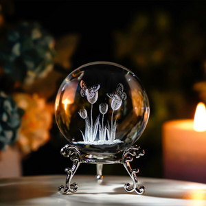 60mm 3D Laser Crystal Tulip Ball with Butterflies Paperweight