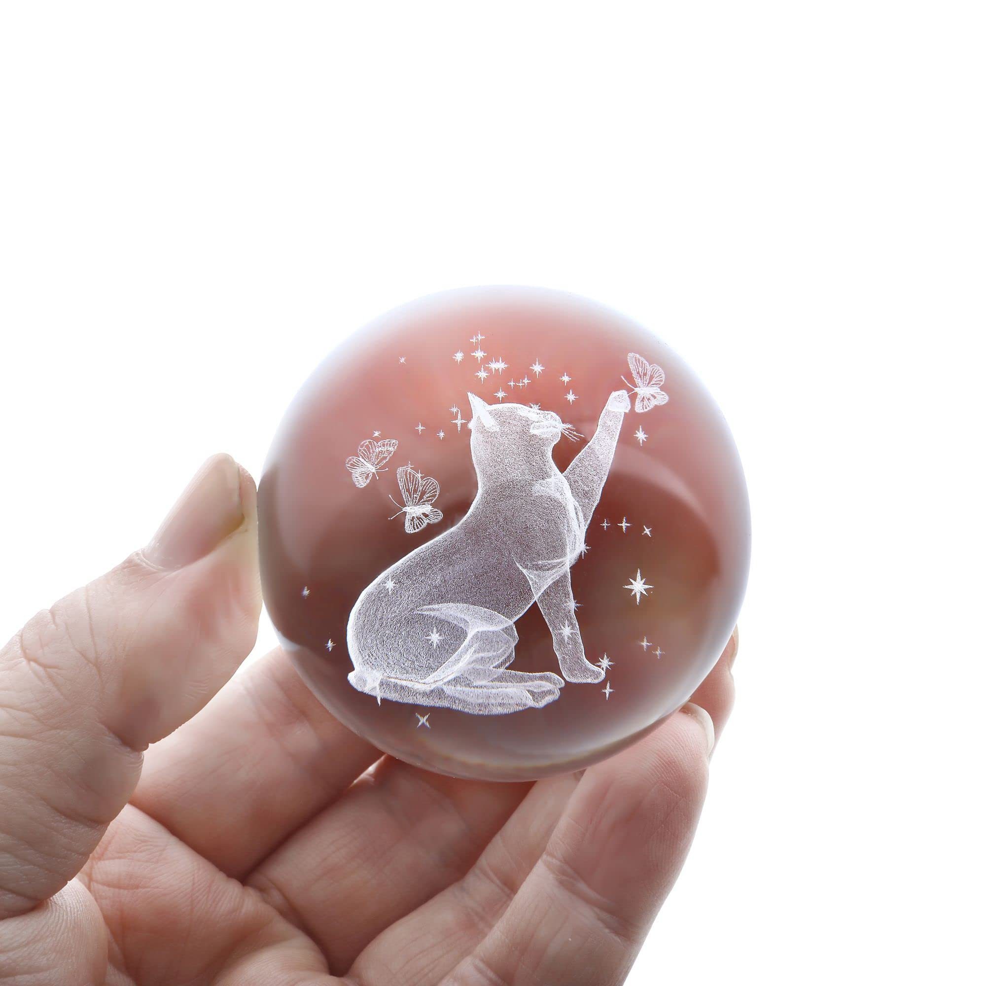 2.5in Cat Crystal Ball with Stand 3D Laser Engraved Decorative Art Crystal Sphere Glass Ball Paperweight