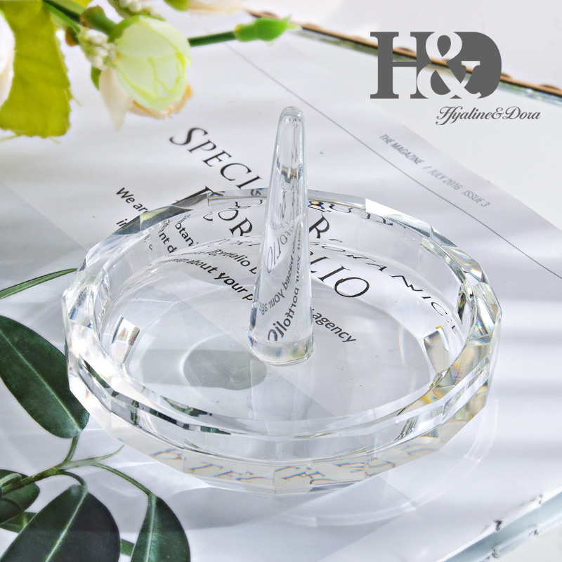 H&D 3.5in Well-Crafted Crystal Glass Wedding Ring Holder Clear Ring Dish/Dresser Top Jewelry Holder/Trinket Tray Lady's Gift