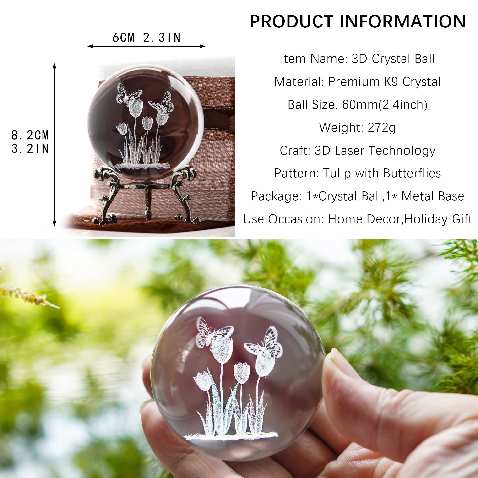 60mm 3D Laser Crystal Tulip Ball with Butterflies Paperweight