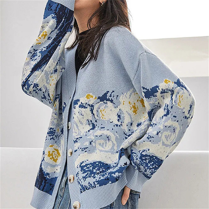 Custom knit sweater women print cloud pattern cardigan long sleeve ladies knitwear custom knit women sweater cardigan