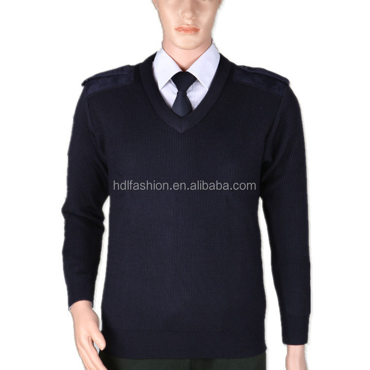 Custom design Navy pullover work wear clothes with elbow patches and epaulet private sweater guard security uniform