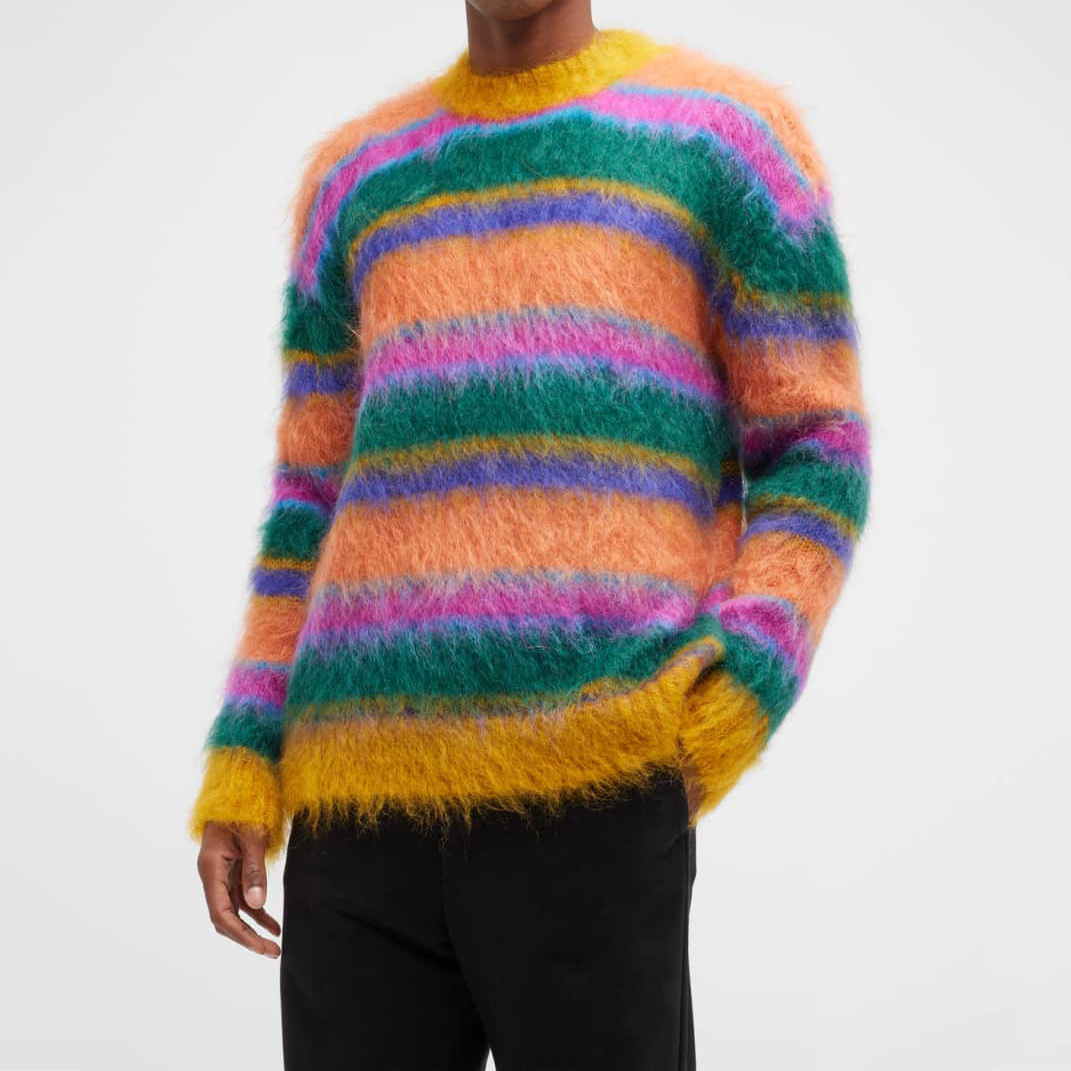 2022 Custom OEM & ODM sweaters men mohair Fuzzy Long Sleeve knitwear winter knitted pullover Striped mohair men knit sweaters