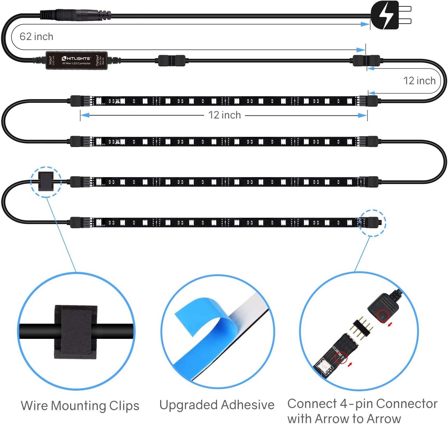 5050 Color Changing LED Strip Lights,  Pre-Cut 1ft/4ft Small LED Light Strips Dimmable RGB  LED Tape Light