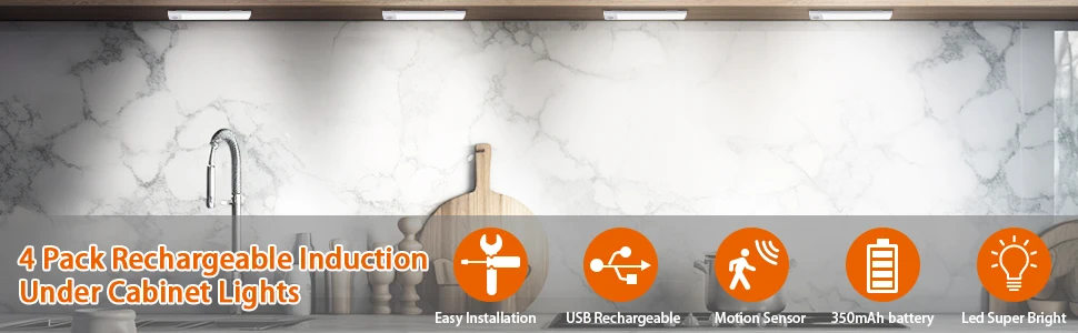 RTS Motion Sensor Under Cabinet Lights 40 LED USB Rechargeable Battery Operated LED Closet Light Wireless Magnetic Dimmable