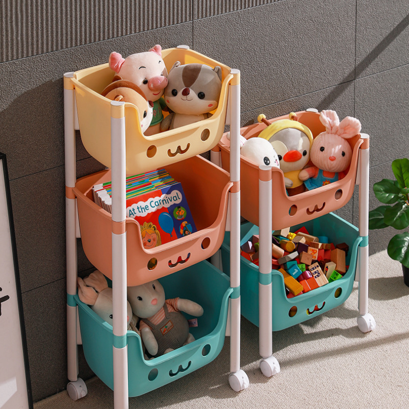 Low price wholesale toy storage rack Vertical movable plastic snack combination multi-functional storage rack with pulley