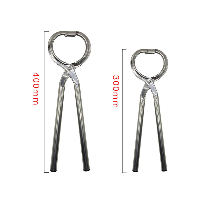 A large stainless steel pliers that can punch a calf's nose to fit a large bull nose ring