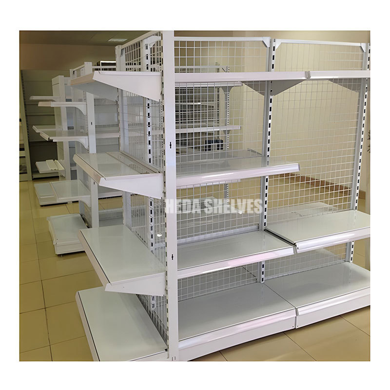 4 Tiers White Wire Back Supermarket Shelves For Grocery Store Shelves Pegboard Gondola Shelves