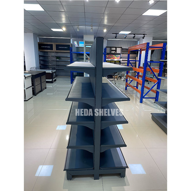 Dark Gray Supermarket Shelf Double Sided Gondola Retail Store Display Rack Grocery Store Display Rack