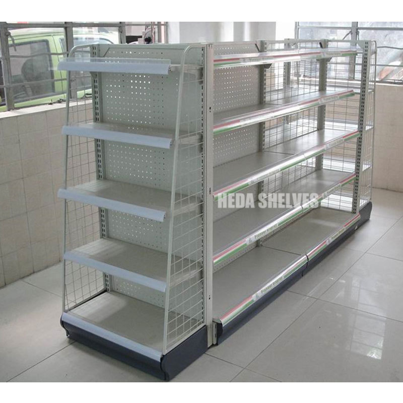 4 Tiers White Wire Back Supermarket Shelves For Grocery Store Shelves Pegboard Gondola Shelves