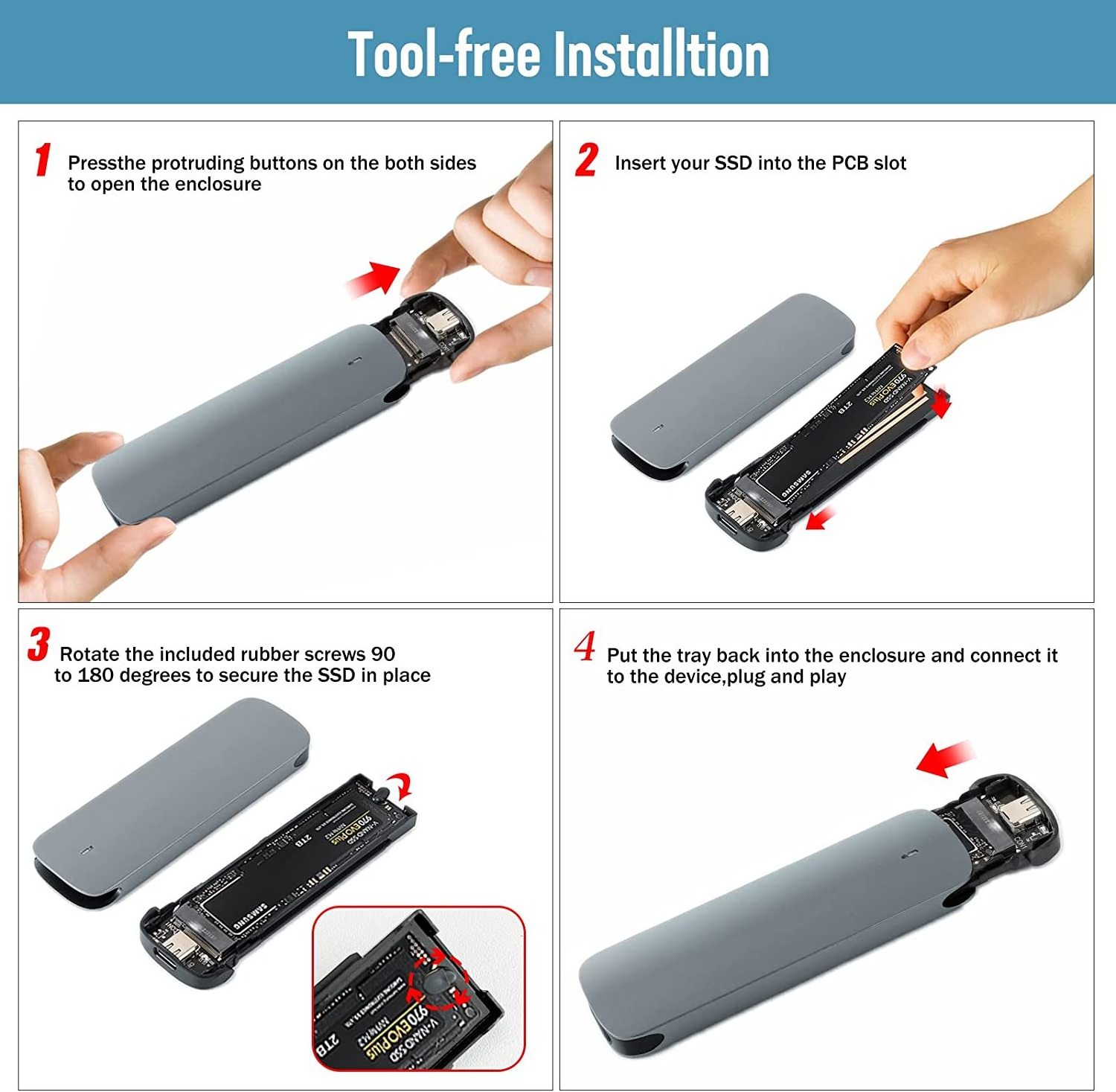 Portable Tool-free Aluminium m.2 NVMe Pci-e ssd enclosure case for nvme ssd Enclosure 10 Gbps