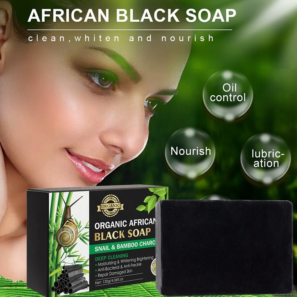 100% Natural Organic Deep Cleaning Whitening Moisturizing Snail Bamboo Charcoal African Black Soap For Face Body Hair Skin Care