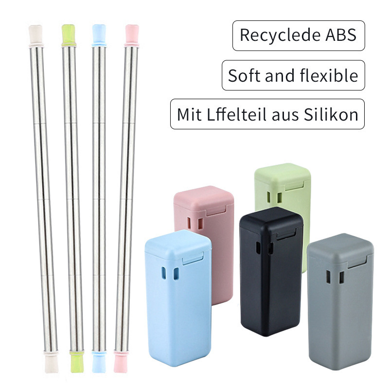 Reusable Eco-friendly Folding Stainless Steel 304  Silicone Drinking Straw in a Biodegradable box 2022 Popular Collapsible Straw