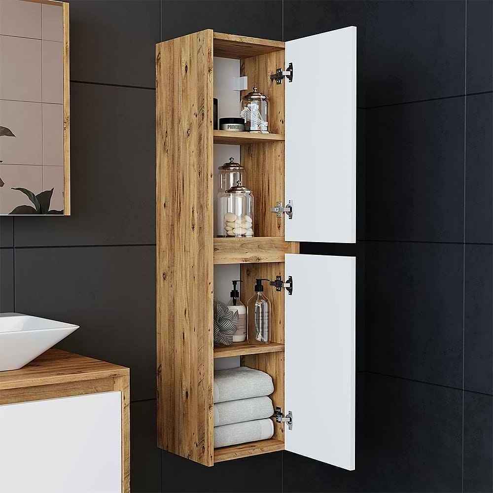 Tall Wall mounted Bathroom StorageCabinet  with two Door with Four Tier Shelves Freestanding Wood Cabinet for Bathroom