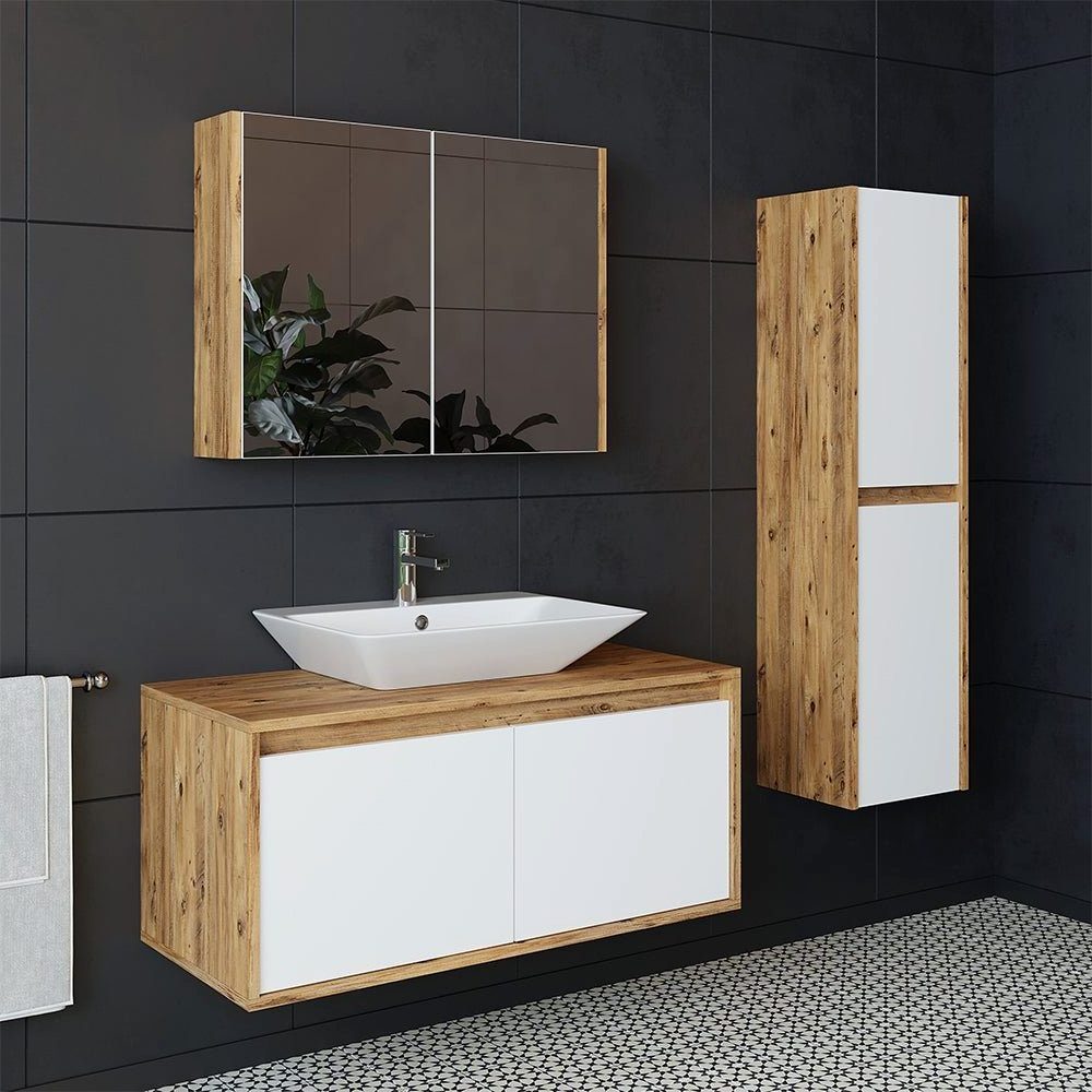 Tall Wall mounted Bathroom StorageCabinet  with two Door with Four Tier Shelves Freestanding Wood Cabinet for Bathroom