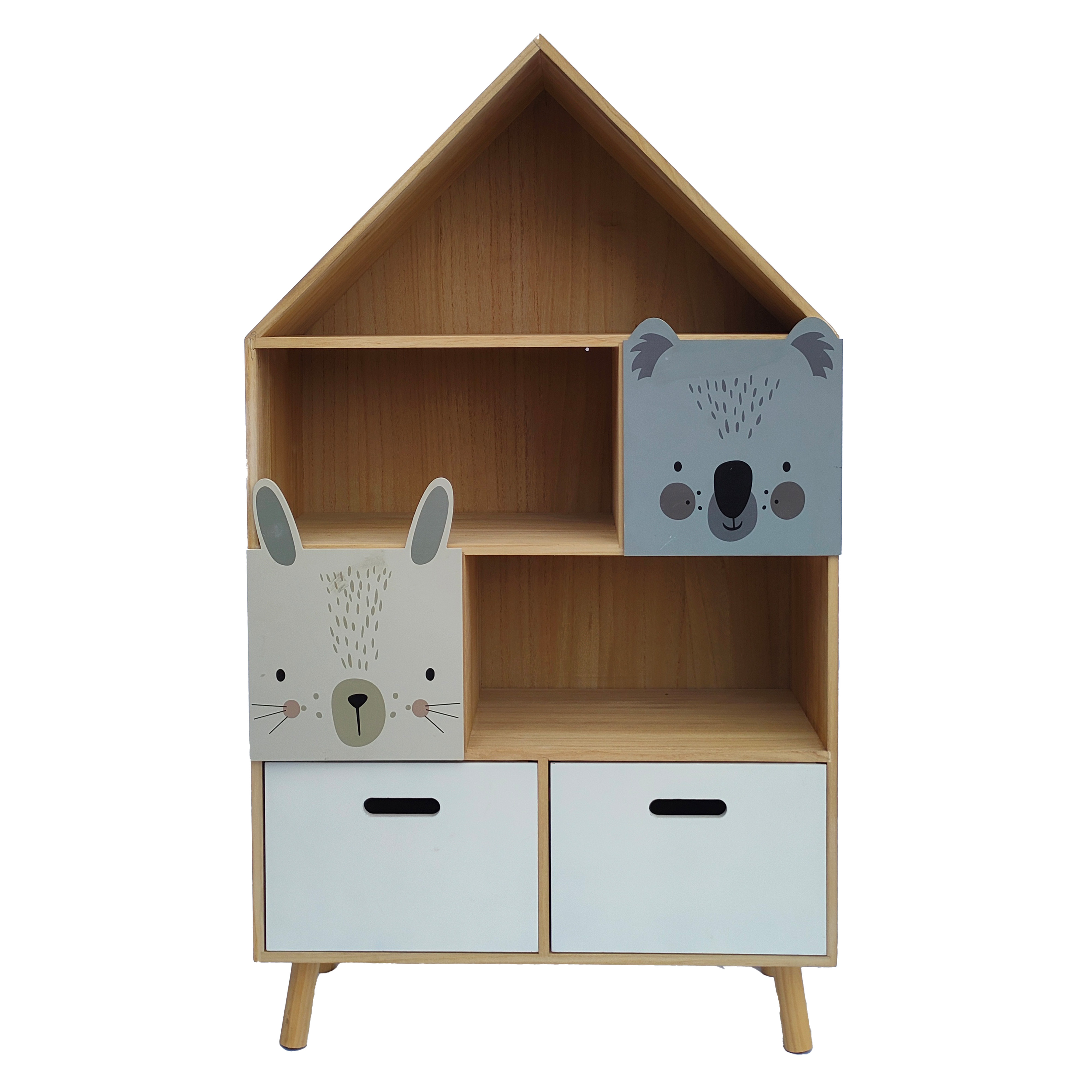 Solid Wooden Kids House Display Bookcase with 4 Drawers and Legs Wood Cube Bookshelf with Cubby Storage Cabinet Baby Furniture