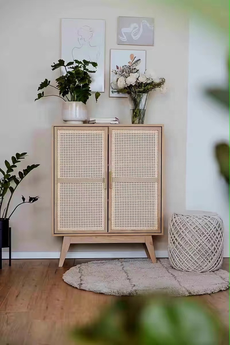 Wood Rattan Storage Cabinet with Adjustable Shelf Buffet Sideboard 2Door Kitchen Storage Accent Cabinet for Living Room Entryway