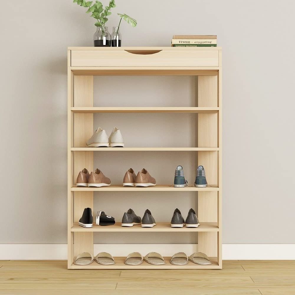 Shoe Rack Organizer for Closet Shelf Entryway 5 Tier Bamboo Solid Wood for 24 Pair Boots with Storage Box