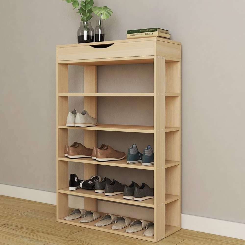 Shoe Rack Organizer for Closet Shelf Entryway 5 Tier Bamboo Solid Wood for 24 Pair Boots with Storage Box