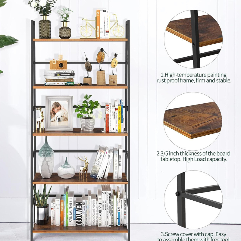 5 Tier Bookshelf Industrial Shelf Open Display Storage Rack Wood Bookcase with Metal Frame, Freestanding Storage Shelves