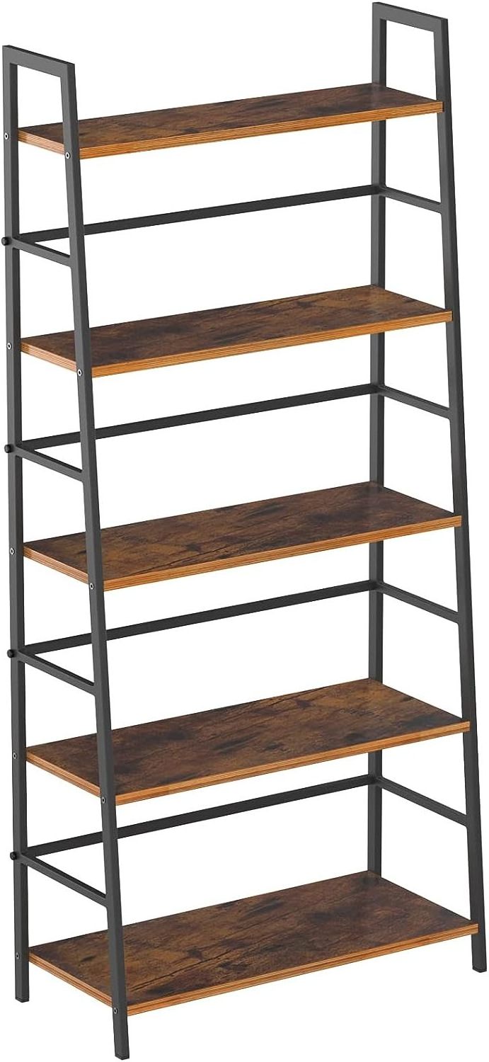 5 Tier Bookshelf Industrial Shelf Open Display Storage Rack Wood Bookcase with Metal Frame, Freestanding Storage Shelves