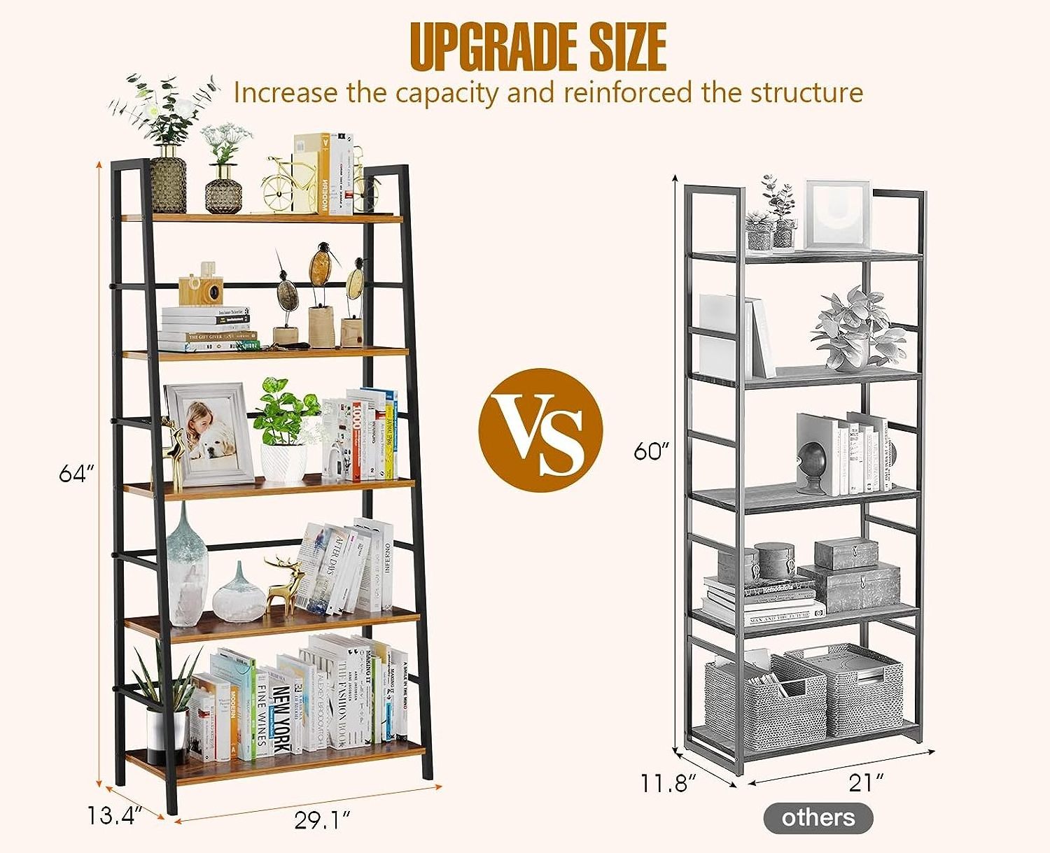 5 Tier Bookshelf Industrial Shelf Open Display Storage Rack Wood Bookcase with Metal Frame, Freestanding Storage Shelves