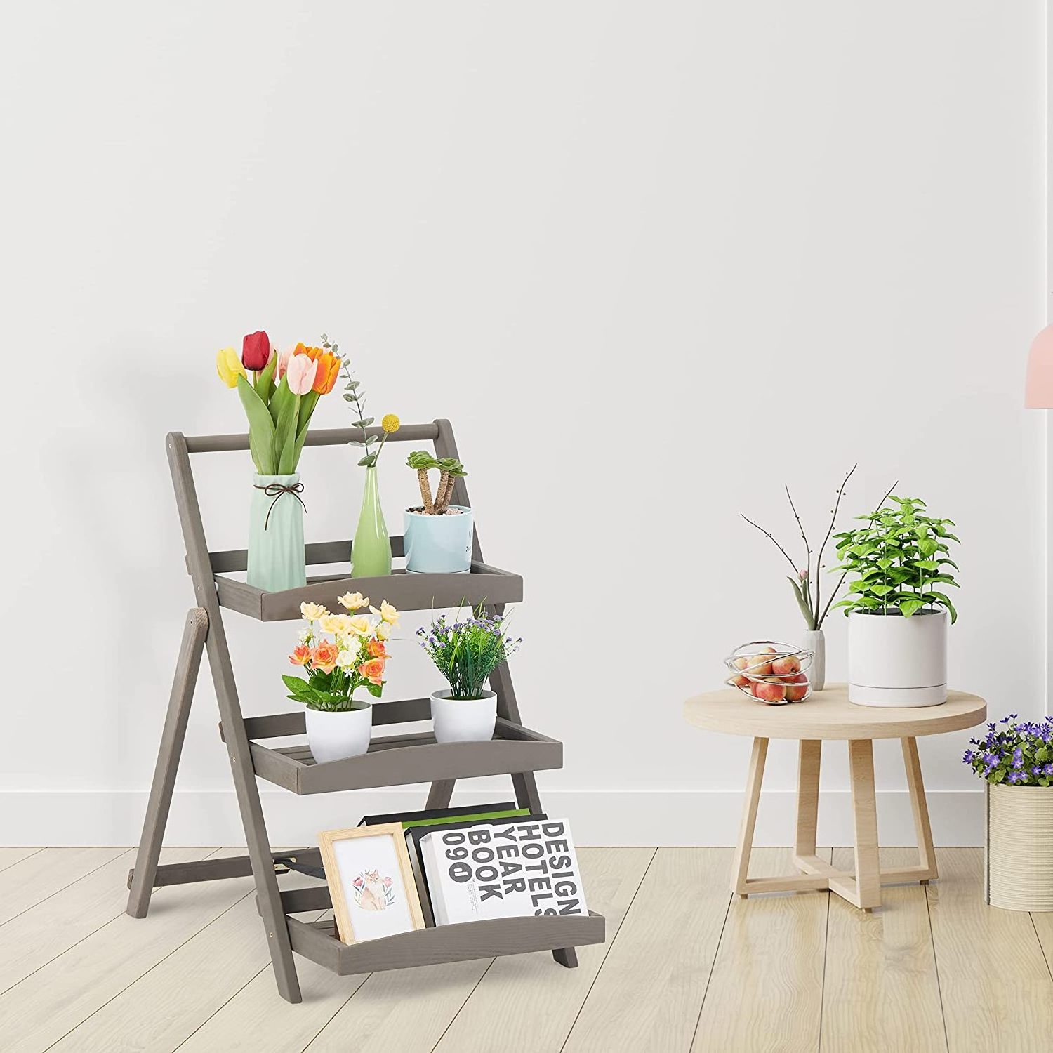 High quality decorative folding wooden plant rack/wooden flowerpot rack/plant rack with three shelves