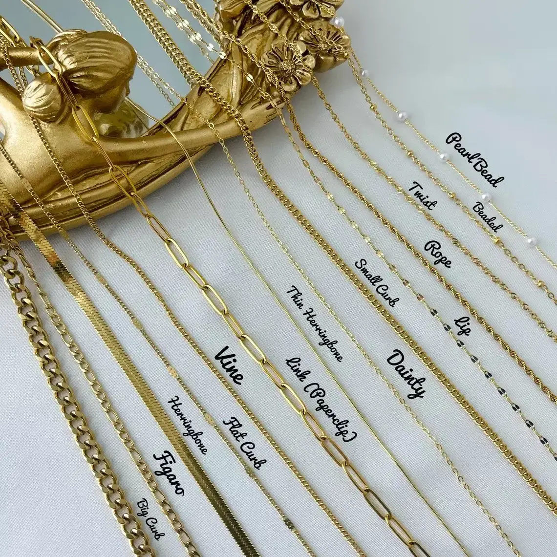 Various Stainless Steel Necklace Chain Gold Plated Thick Thin Chain Rope Ball Twist Dainty Flat Curb Lip Paper Clip Figaro Chain