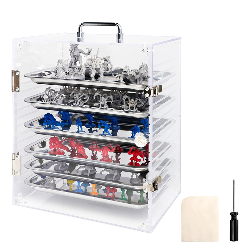 Custom Acrylic Miniature Carrying Case For Collection Figures Transparent Display Box With 6 Detachable Metal Trays