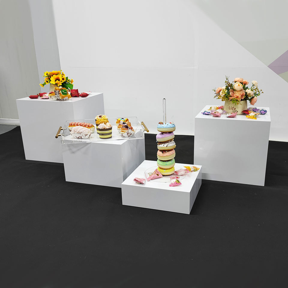 Factory Wholesale Stable Acrylic Food Display Stand White Buffet Acrylic Food Display Vertical Cube For Food Display