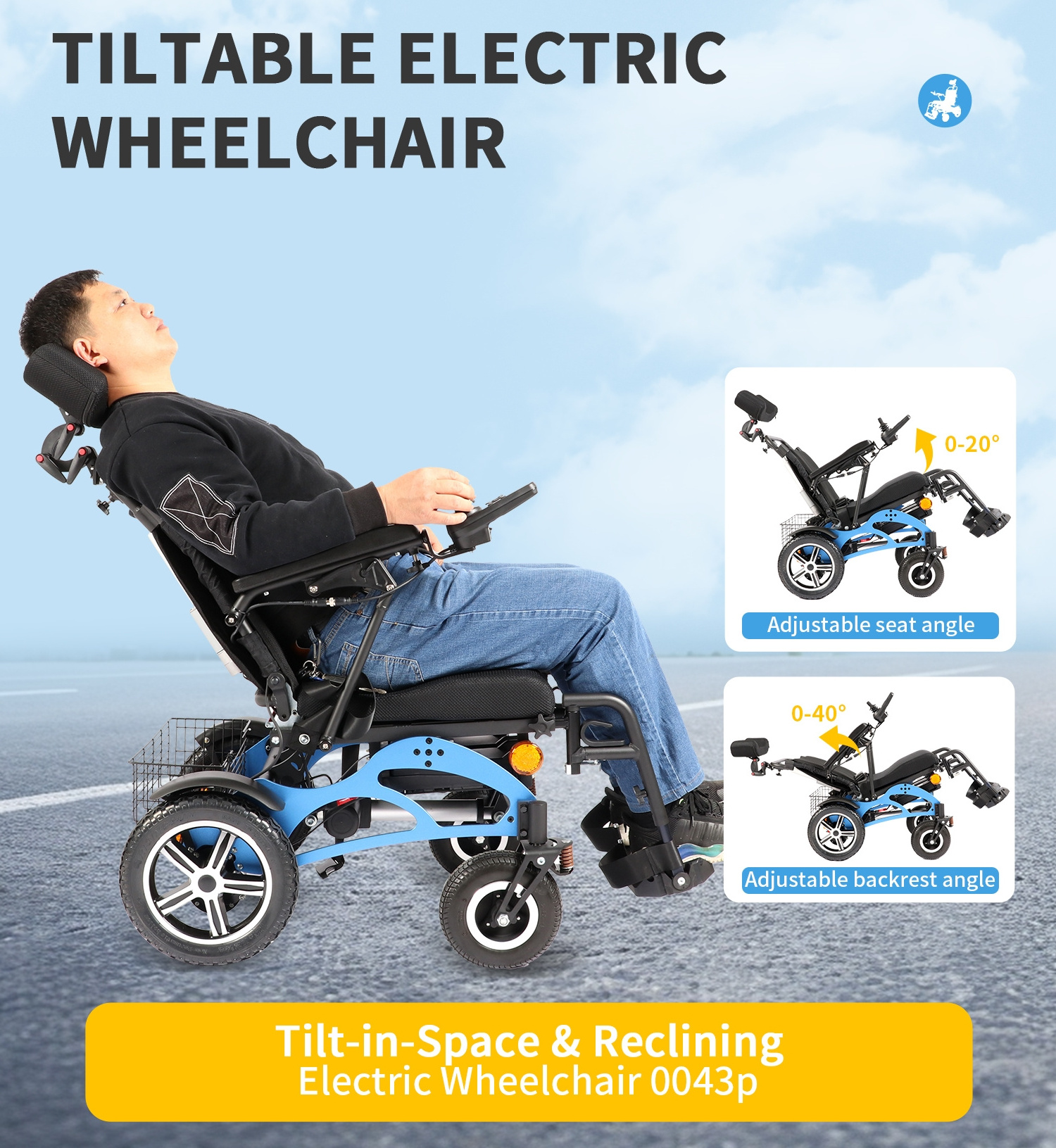 0043P Aluminum Full Reclining Powerchair Lightweight Fold Tilt in Space Motorised Wheelchair Adults silla de ruedas electrica