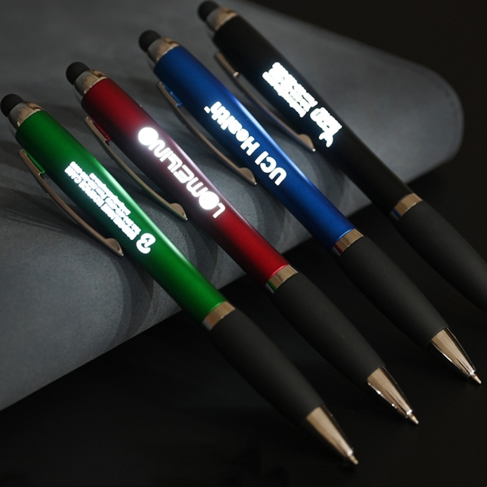 Promotion Gifts Led ballpoint Pen Advertising Custom engraved Light Up Logo Stylus Ball point Pens with Rubber