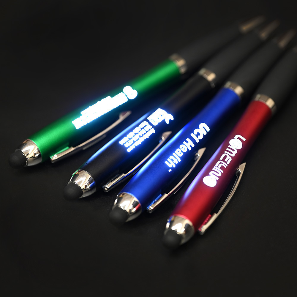 Promotion Gifts Led ballpoint Pen Advertising Custom engraved Light Up Logo Stylus Ball point Pens with Rubber