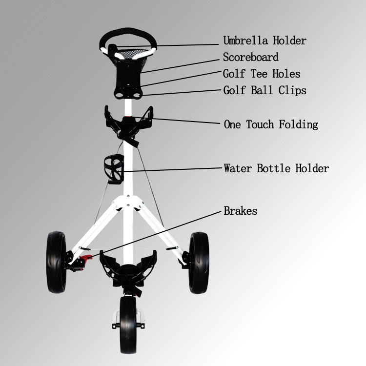 Manufacturer Adjustable Iron Frame Lightweight Golf Push Cart 3 Wheels Push Golf Trolley With Umbrella Holder