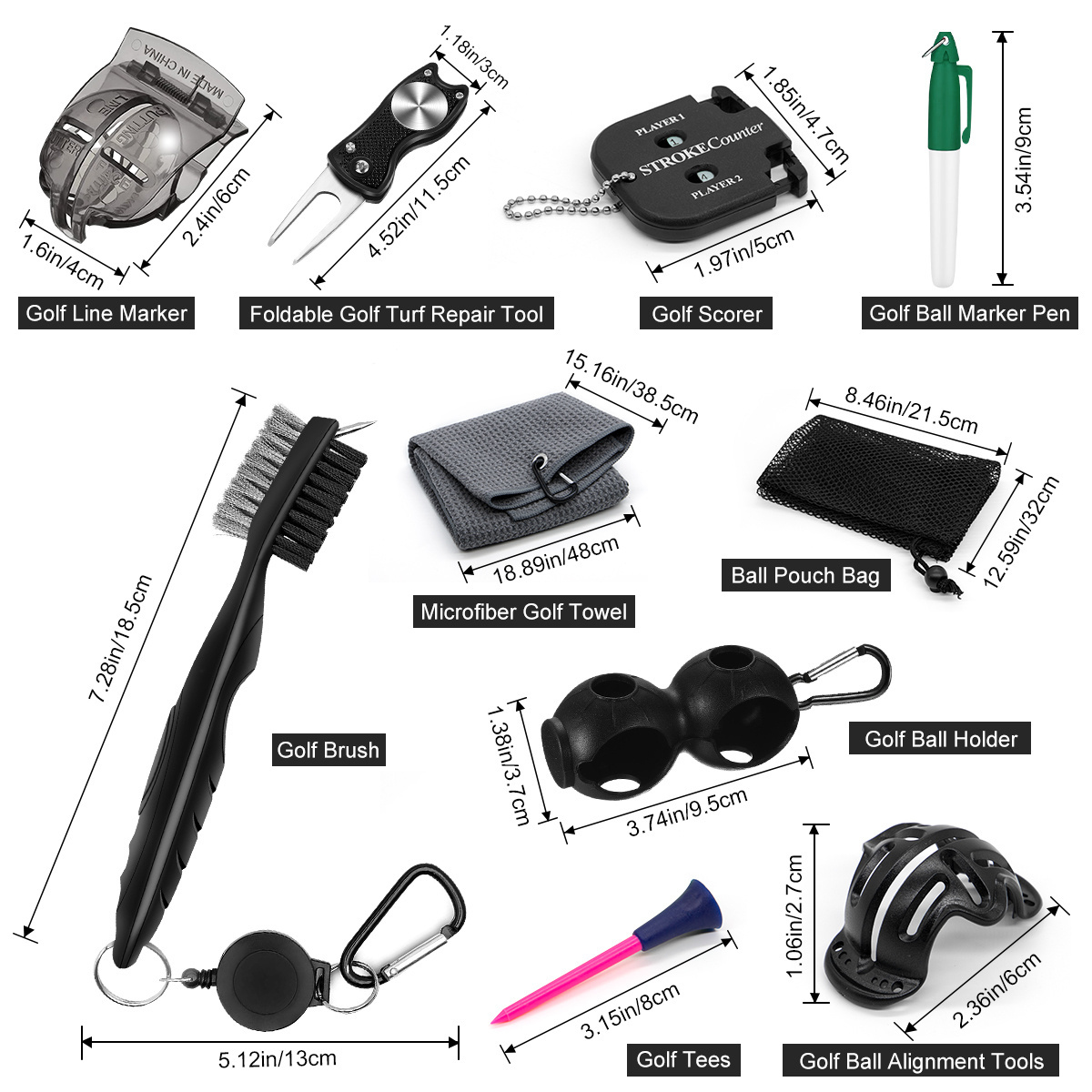 Wholesale Popular Useful 17-Pack Golf Accessories Set include Golf Ball Marker Pen and Holder, Tees, Club Brush and so on