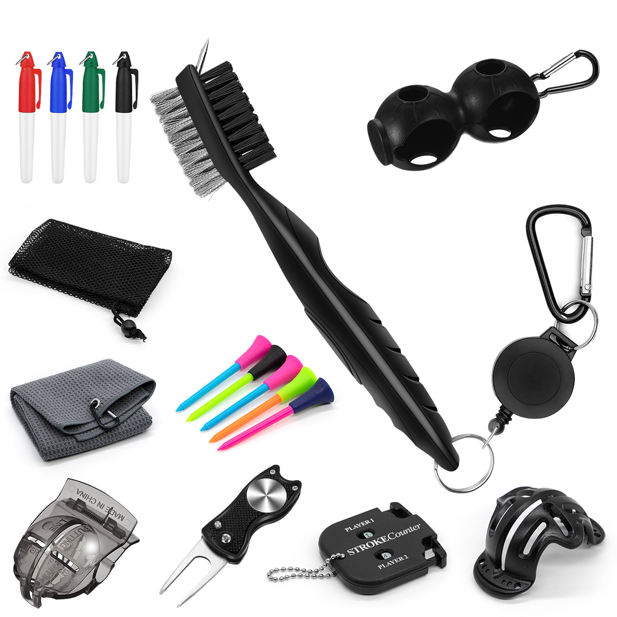 Wholesale Popular Useful 17-Pack Golf Accessories Set include Golf Ball Marker Pen and Holder, Tees, Club Brush and so on