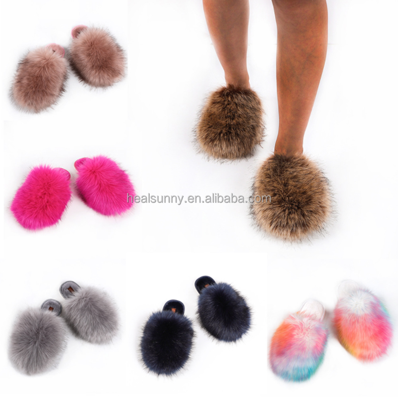 Custom Wholesale Big Full Fluffy Faux Fox Furry Fur Slide Indoor Womens Sandals Fur Slippers