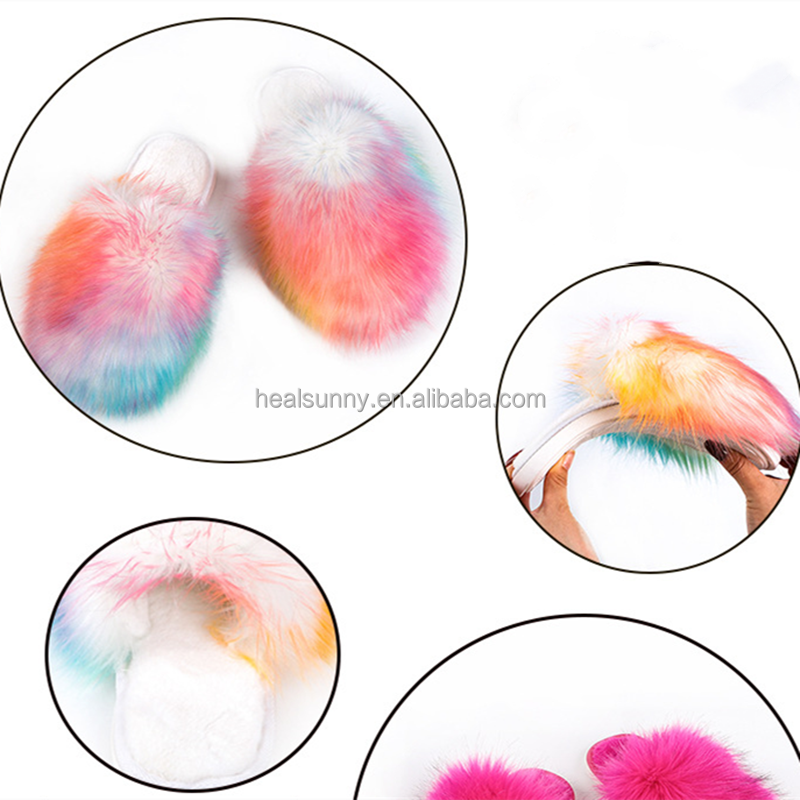 Custom Wholesale Big Full Fluffy Faux Fox Furry Fur Slide Indoor Womens Sandals Fur Slippers