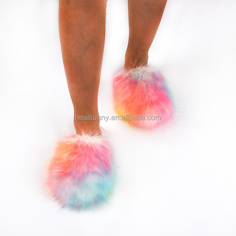 Custom Wholesale Big Full Fluffy Faux Fox Furry Fur Slide Indoor Womens Sandals Fur Slippers