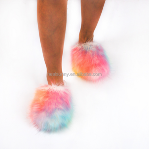 Custom Wholesale Big Full Fluffy Faux Fox Furry Fur Slide Indoor Womens Sandals Fur Slippers