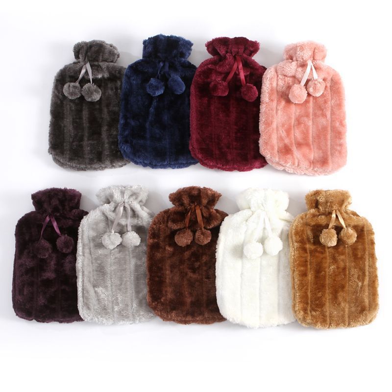 Wholesale Natural Rubber Hot Water Bags with Rabbit Fur plush Cover Hot Water Bottle