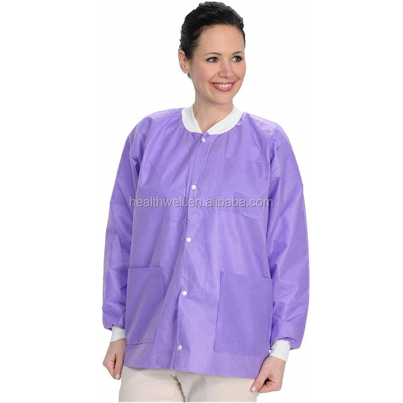 disposable non woven knitted collar  lab coat visitor gown with snap button