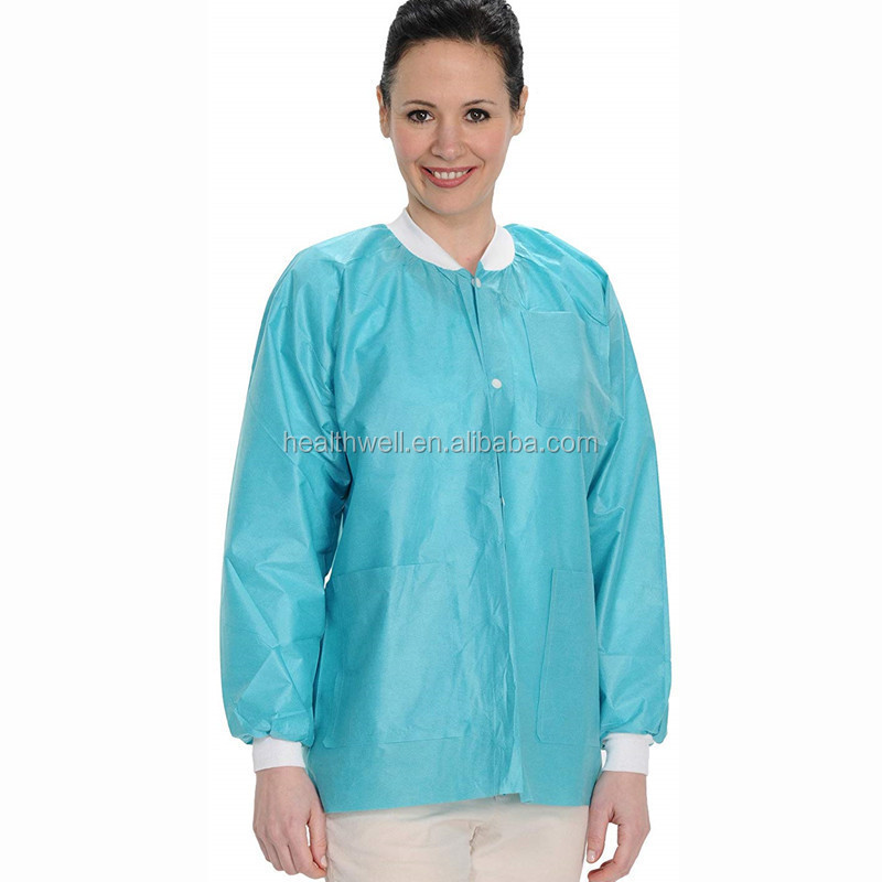 disposable non woven knitted collar  lab coat visitor gown with snap button