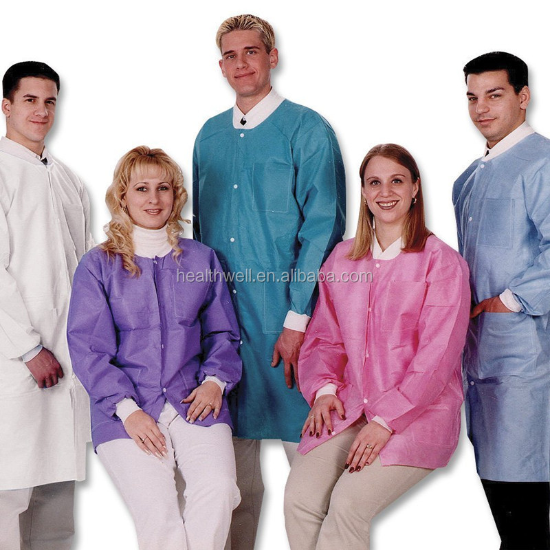 disposable non woven knitted collar  lab coat visitor gown with snap button