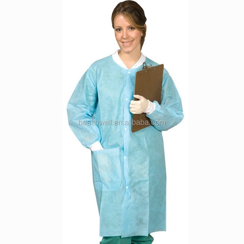 disposable non woven knitted collar  lab coat visitor gown with snap button