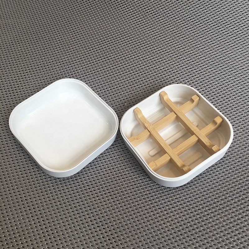 PLASTIC FREE Eco-friendly bamboo fiber square soap dish with double draining bathroom handmade bar holder tray for travelling